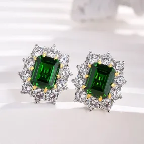 Louily Vintage Flower Design Emerald Cut Emerald Green Earrings In Sterling Silver Classic Vibe