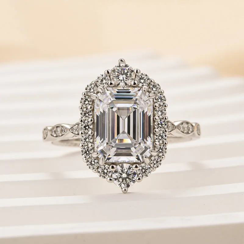Luminous Glow Minimal Fashion Louily Vintage Halo Emerald Cut Engagement Ring In Sterling Silver