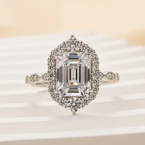Louily Vintage Halo Emerald Cut Engagement Ring In Sterling Silver Signature Accent