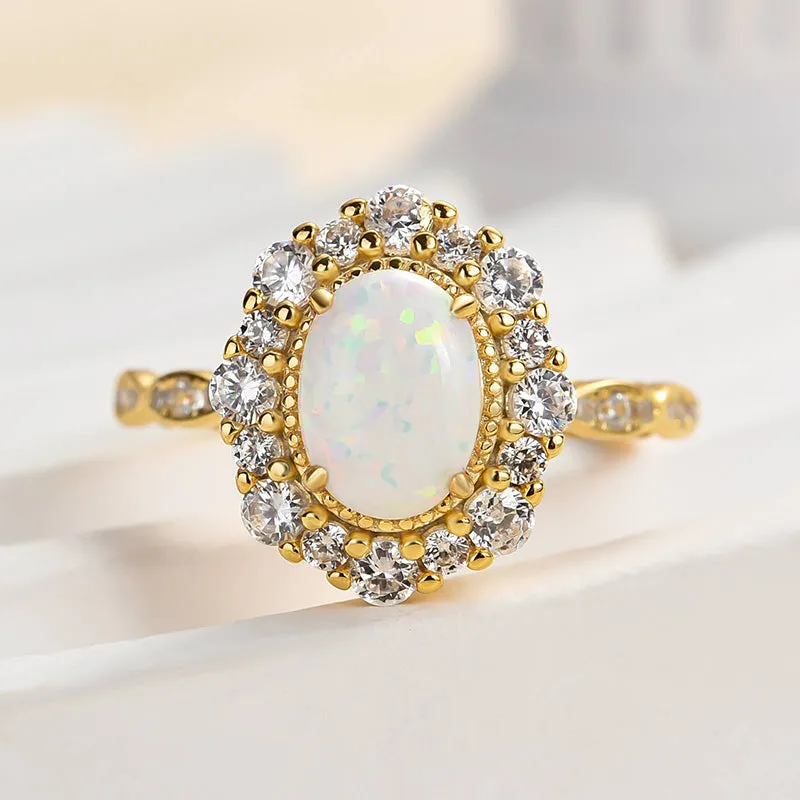 Louily Vintage Halo Oval Cut Opal Stone Engagement Ring Luxury Set Valentine Token