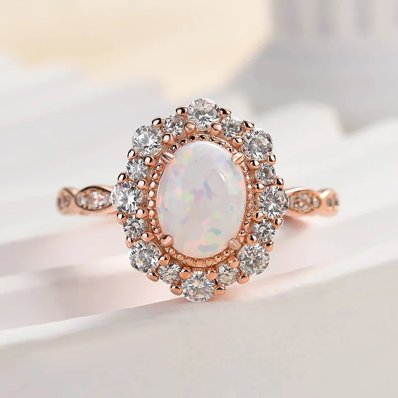 Louily Vintage Halo Oval Cut Opal Stone Engagement Ring Date Ready