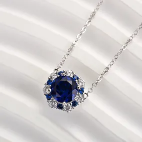 Polished Form Fashion Statements Louily Vintage Halo Round Cut Blue Sapphire Women's Pendant Necklace In Sterling Silver