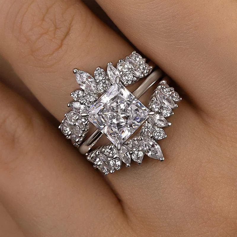 Cute Accent Impeccable Finish Louily Vintage Square Princess Cut Insert Ring Set For Women