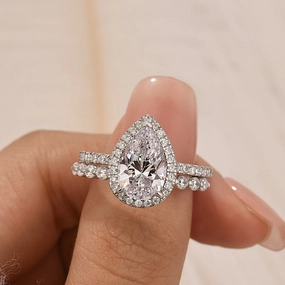 Minimal Fashion Close Focus Louily 2PC Classic Halo Pear Cut Wedding Ring Set With Classic Wedding Band