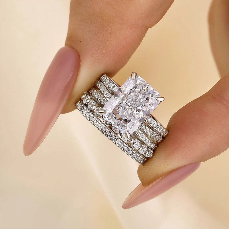 Refined Style Louily 4PC Radiant Cut Wedding Ring Set With Classic Wedding Bands