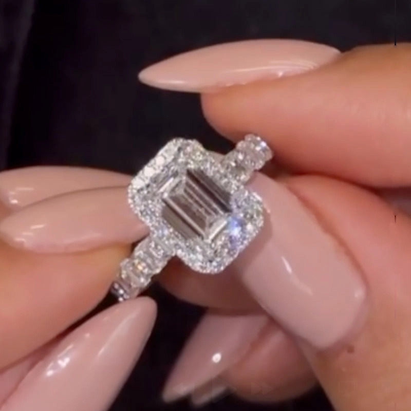 Premium Form Louily Dainty 2.5Ct Halo Emerald Cut Engagement Ring For Women