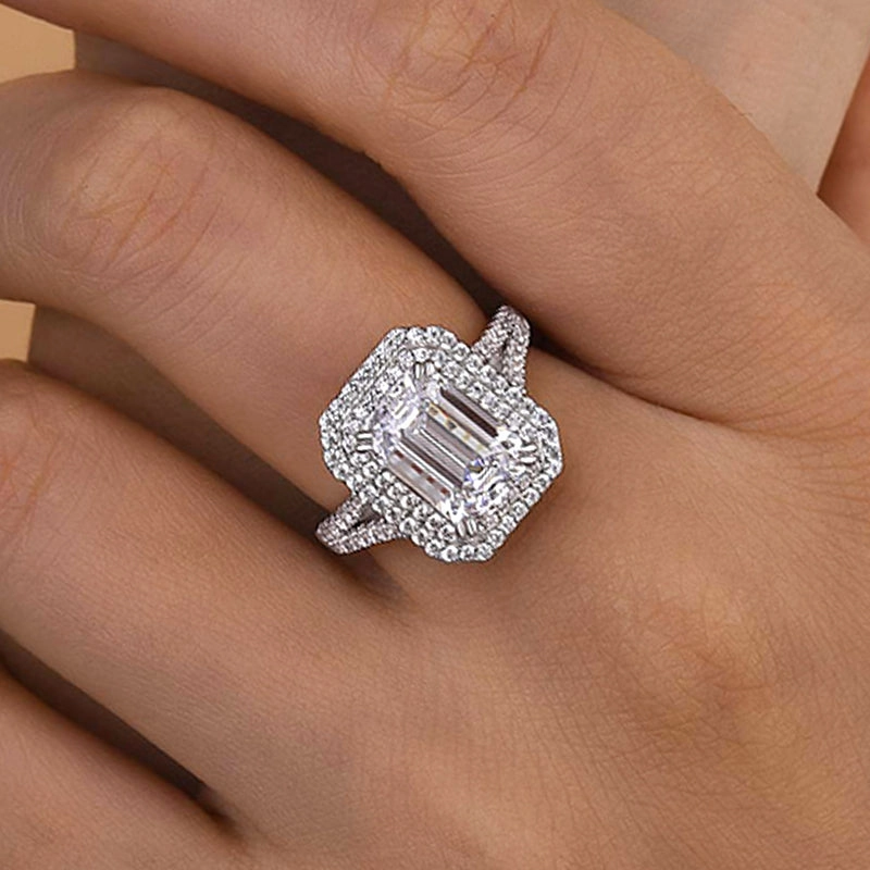 Louily Luxurious Double Halo Emerald Cut Engagement Ring In Sterling Silver Polished Lines exquisite design