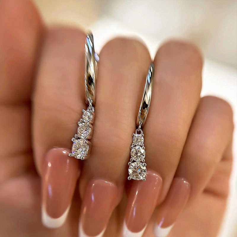 Louily Moissanite Three Stone Round Cut Tassel Stud Earrings Minimal Highlight