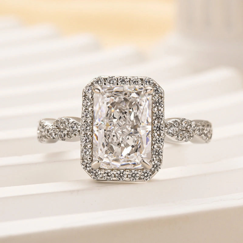 Louily Twist Halo Radiant Cut Engagement Ring Charming Accessories Signature Form