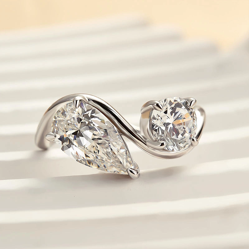 Louily Unique Double Stones Design Pear & Round Cut Engagement Ring In Sterling Silver Special Occasion Holiday look