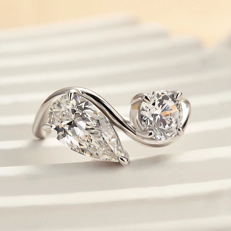 Elegant Update Louily Unique Double Stones Design Pear & Round Cut Engagement Ring In Sterling Silver