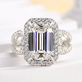 Cool Finish Chic Evening Louily Unique Halo Split Shank Emerald Cut Engagement Ring In Sterling Silver