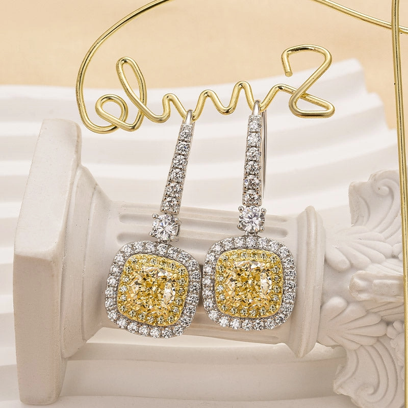 Cool Chic Soft Highlight Louily Yellow Stone Cushion Cut Women's Earrings