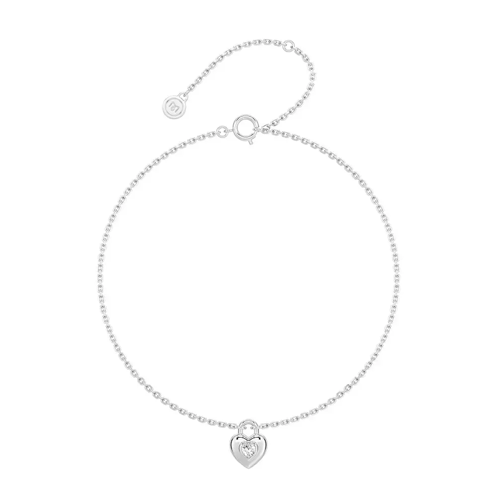 Sparkling Shine Love Lock Heart Bracelet with Solitaire Moissanite Charm