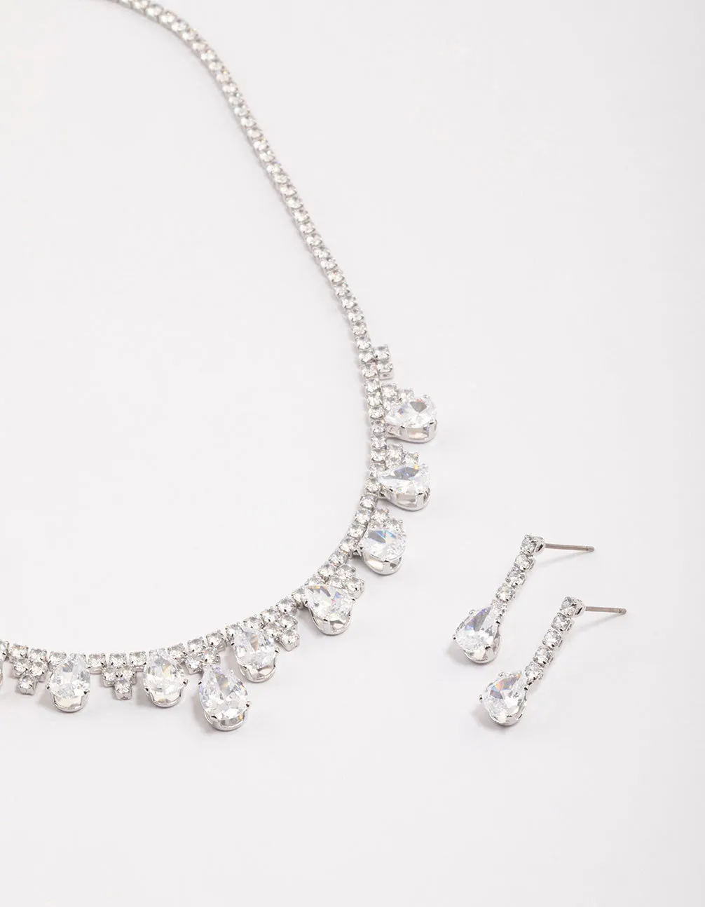 Elegant Glow Silver Cubic Zirconia Cup Chain Teardrop Earrings & Necklace Set