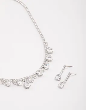 Elegant Glow Silver Cubic Zirconia Cup Chain Teardrop Earrings & Necklace Set