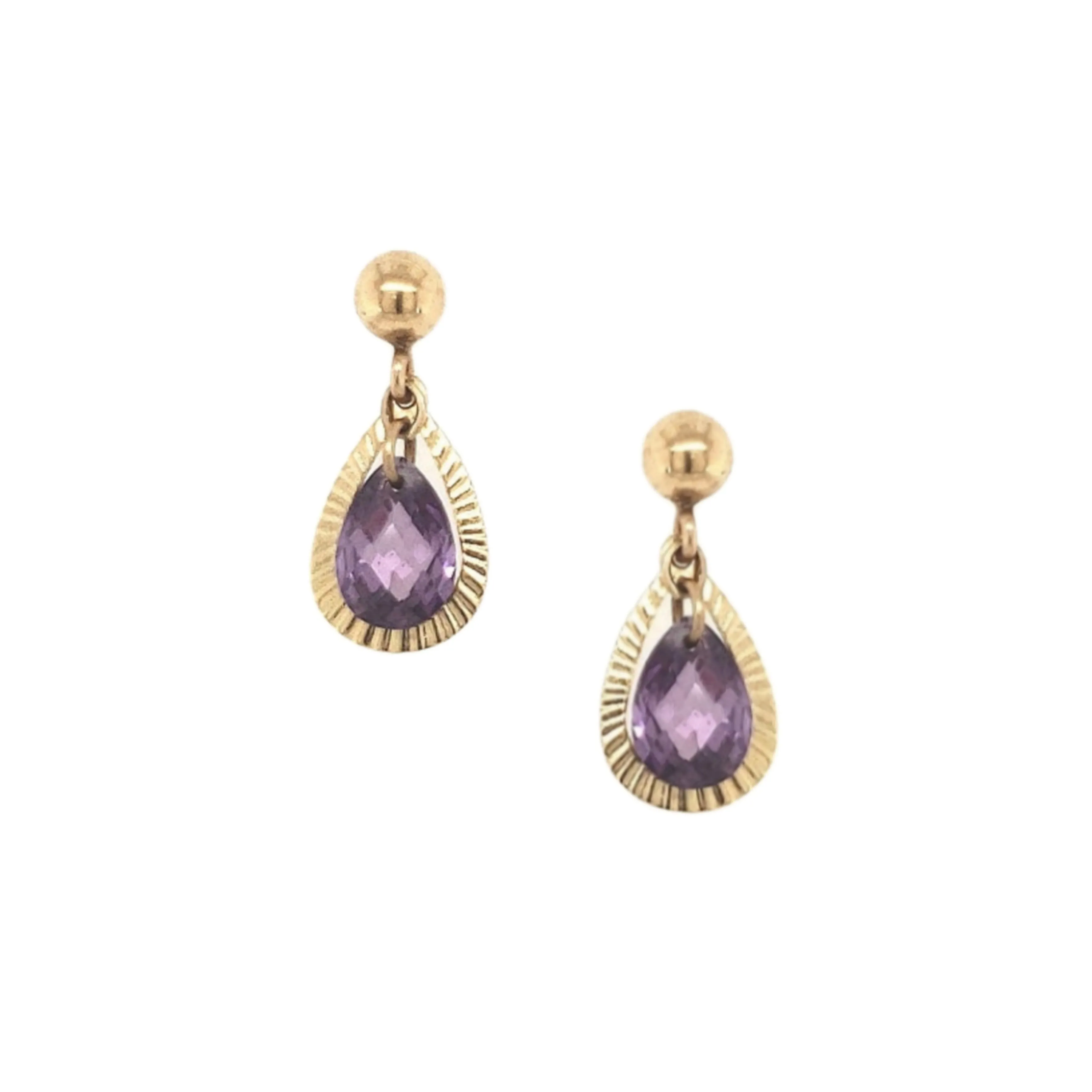 Pretty Trinket Office Embellishment 14k Gold Open Teardrop With Purple CZ in Center On Screwback Post Earring