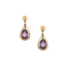Pretty Trinket Office Embellishment 14k Gold Open Teardrop With Purple CZ in Center On Screwback Post Earring