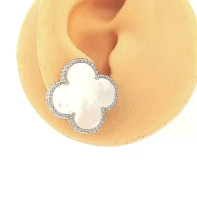 Sterling Silver Large Clover Mother of Pearl Stud Earring Lightweight Piece Timeless Trinket