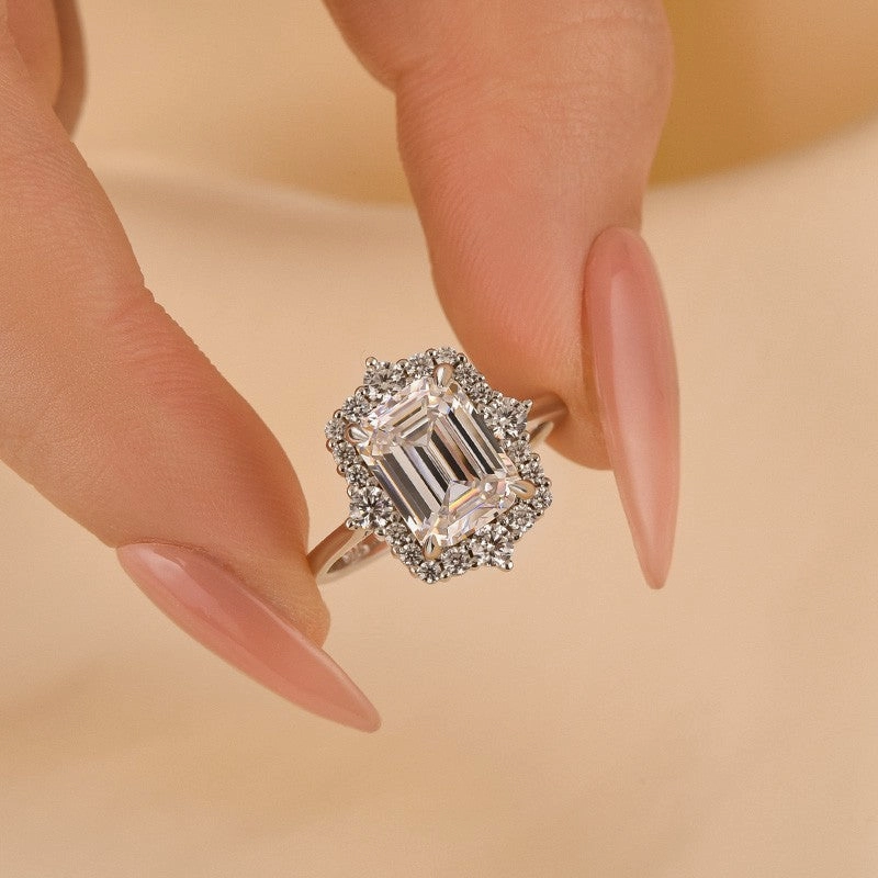 Glam Ready Vintage 3.0Ct Halo Emerald Cut White Stone Engagement Ring In Sterling Silver