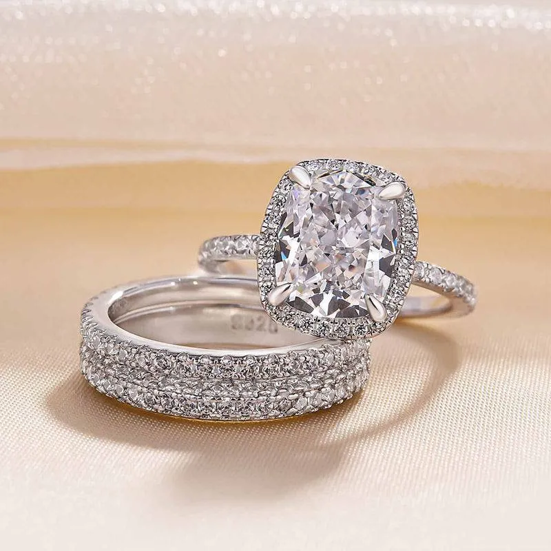 Delicate Style Louily Exclusive Halo Cushion Cut 3PC Wedding Set In Sterling Silver