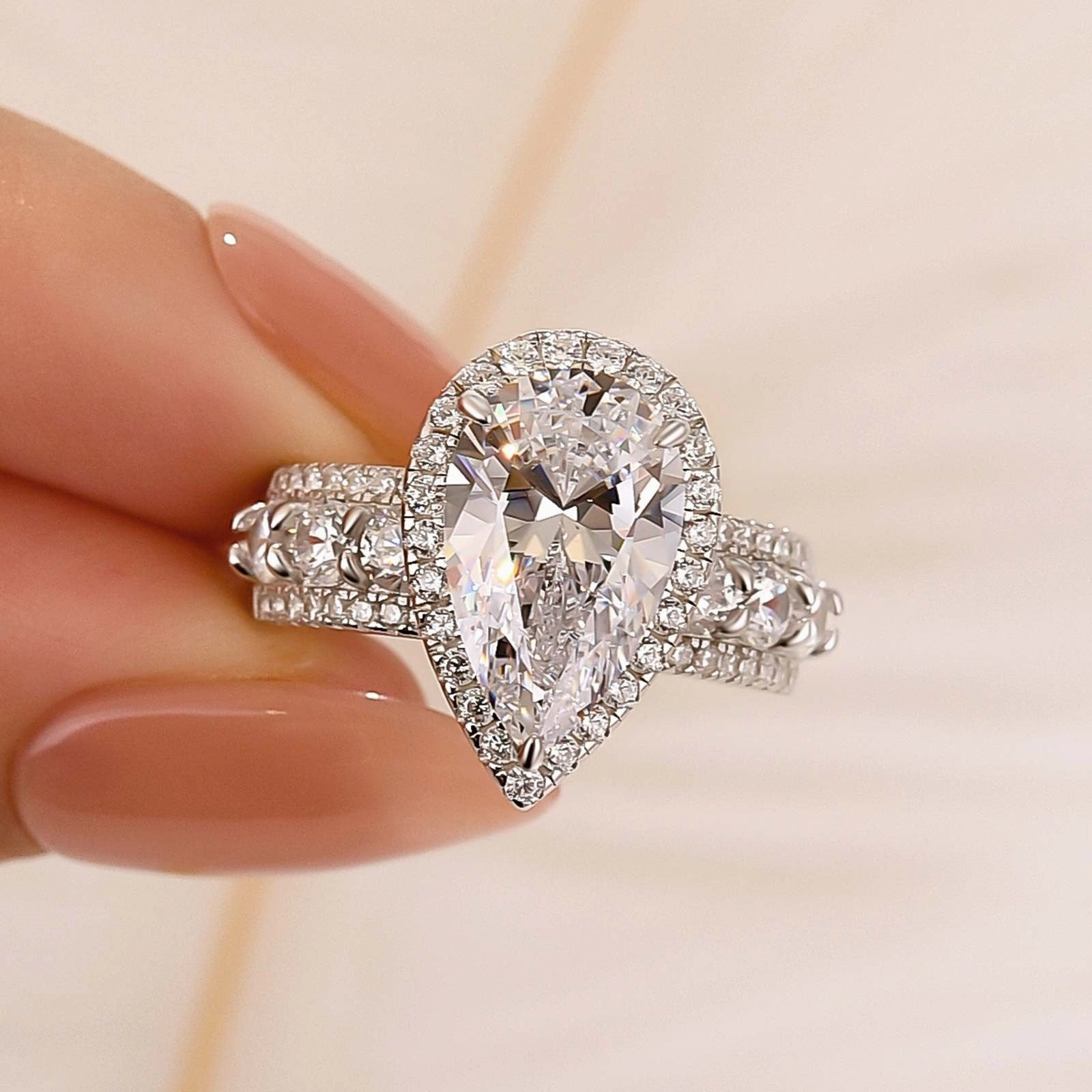 Luxe 4.0Ct Pear Cut Halo Engagement Ring Travel Ring In Sterling Silver Luxe Touch Dainty Accent