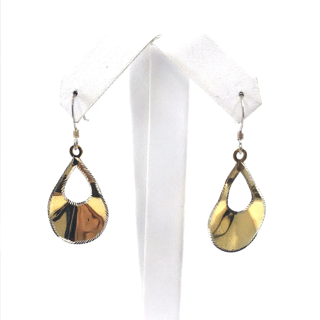 Gold Plated Sterling Silver Teardrop with Diamond Cut Edge Earrings Glittery Trinket Office Ornament