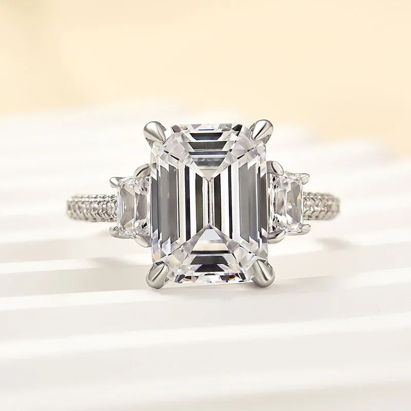Louily Stunning Emerald Cut Three Stone Engagement Ring In Sterling Silver Muted Details