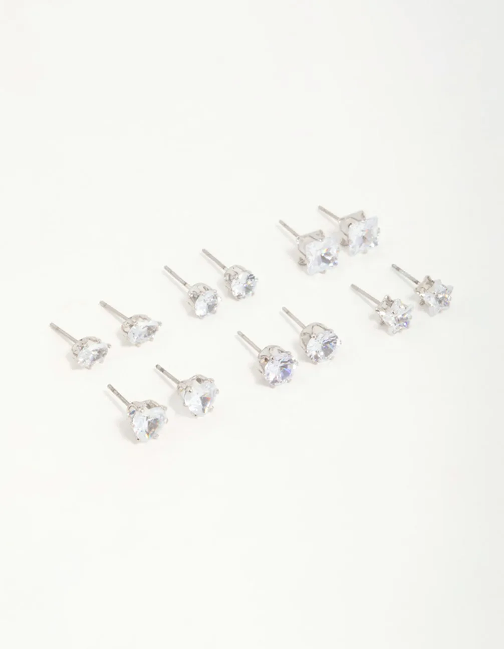 Silver Diamante Geometric Stud Earrings 6-Pack Unique Radiance