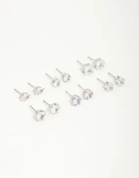 Silver Diamante Geometric Stud Earrings 6-Pack Unique Radiance