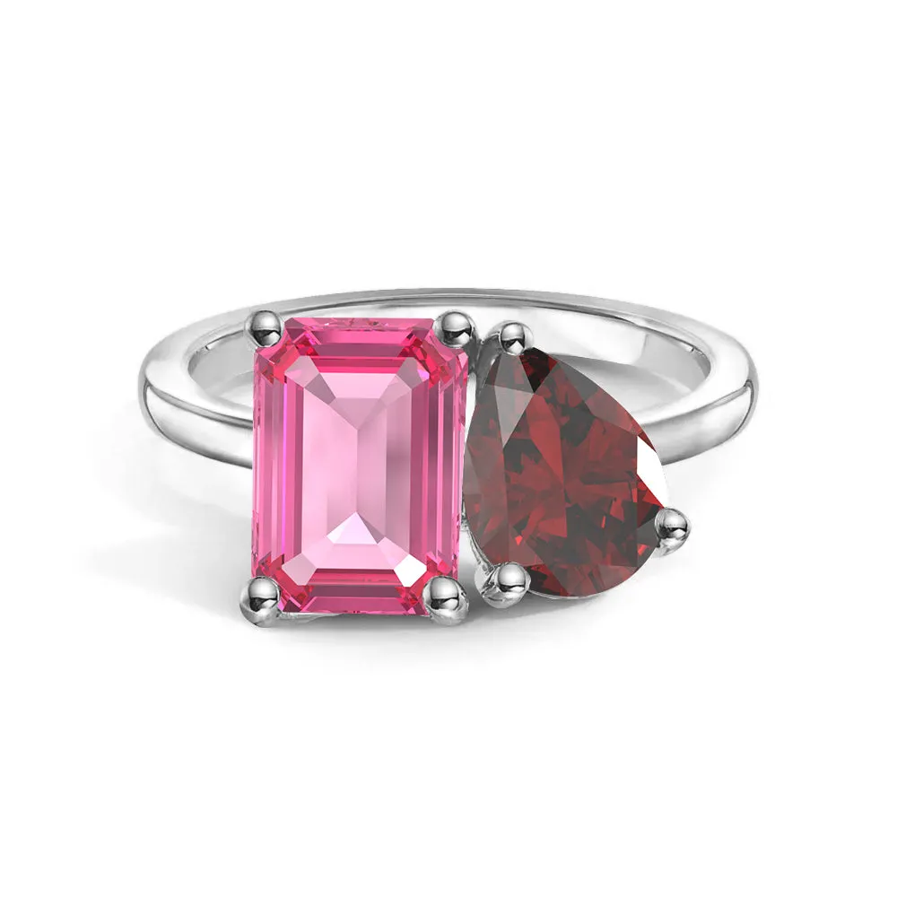 Toi et Moi Personalized Pink Tourmaline Birthstone Anniversary Ring Polished Highlights Bridal Touch