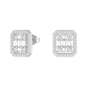 Infinity Halo Lab Grown Diamond Rectangular Cluster Stud Earrings Cool Contrast