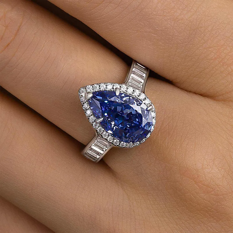 spring fashion Precious Jewelry Louily Luxury 3.0 Carat Pear Cut Aquamarine Blue Engagement Ring In Sterling Silver