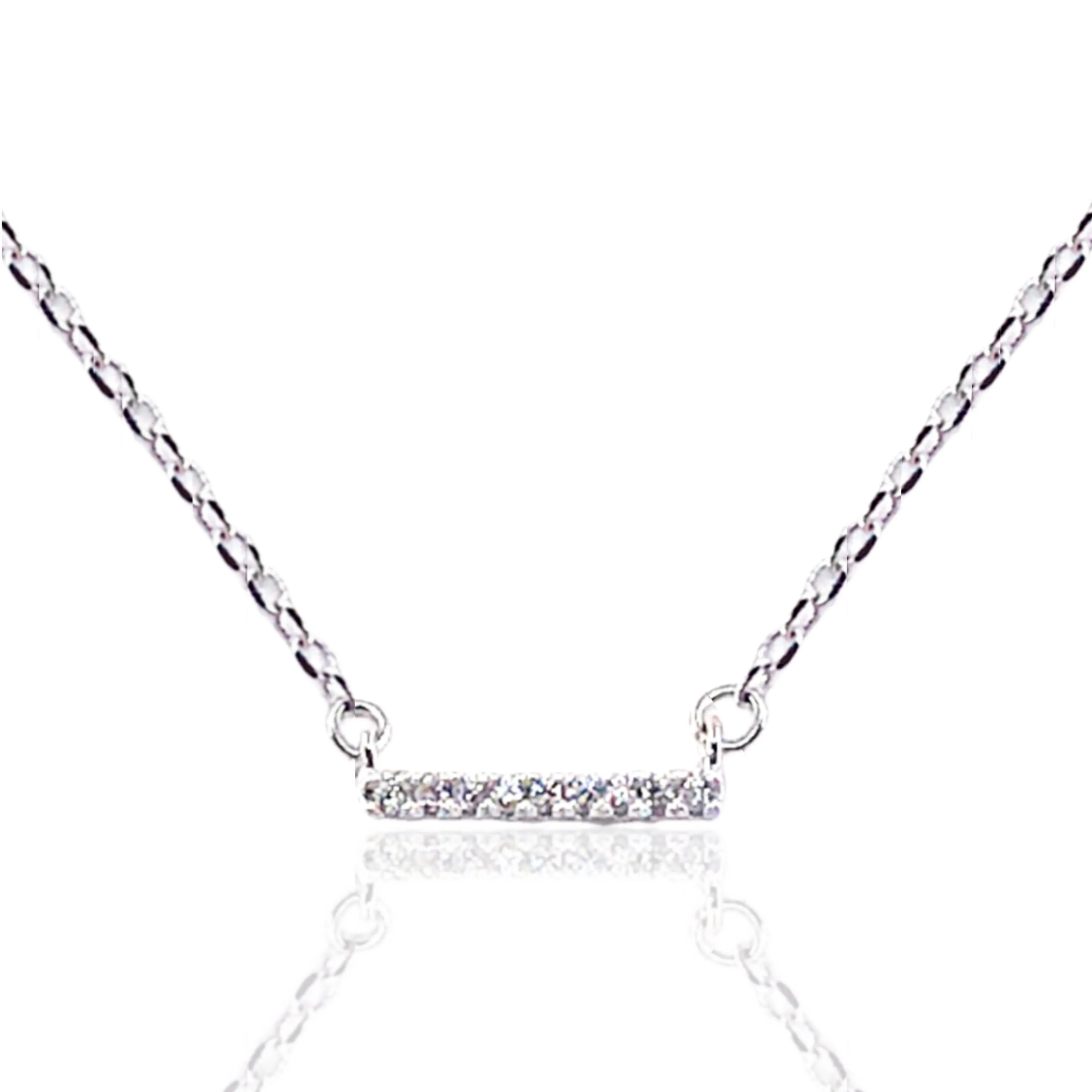 Classic Gift Soft Edge Rhodium Plated Sterling Silver Micro Pave CZ Small Bar Necklace
