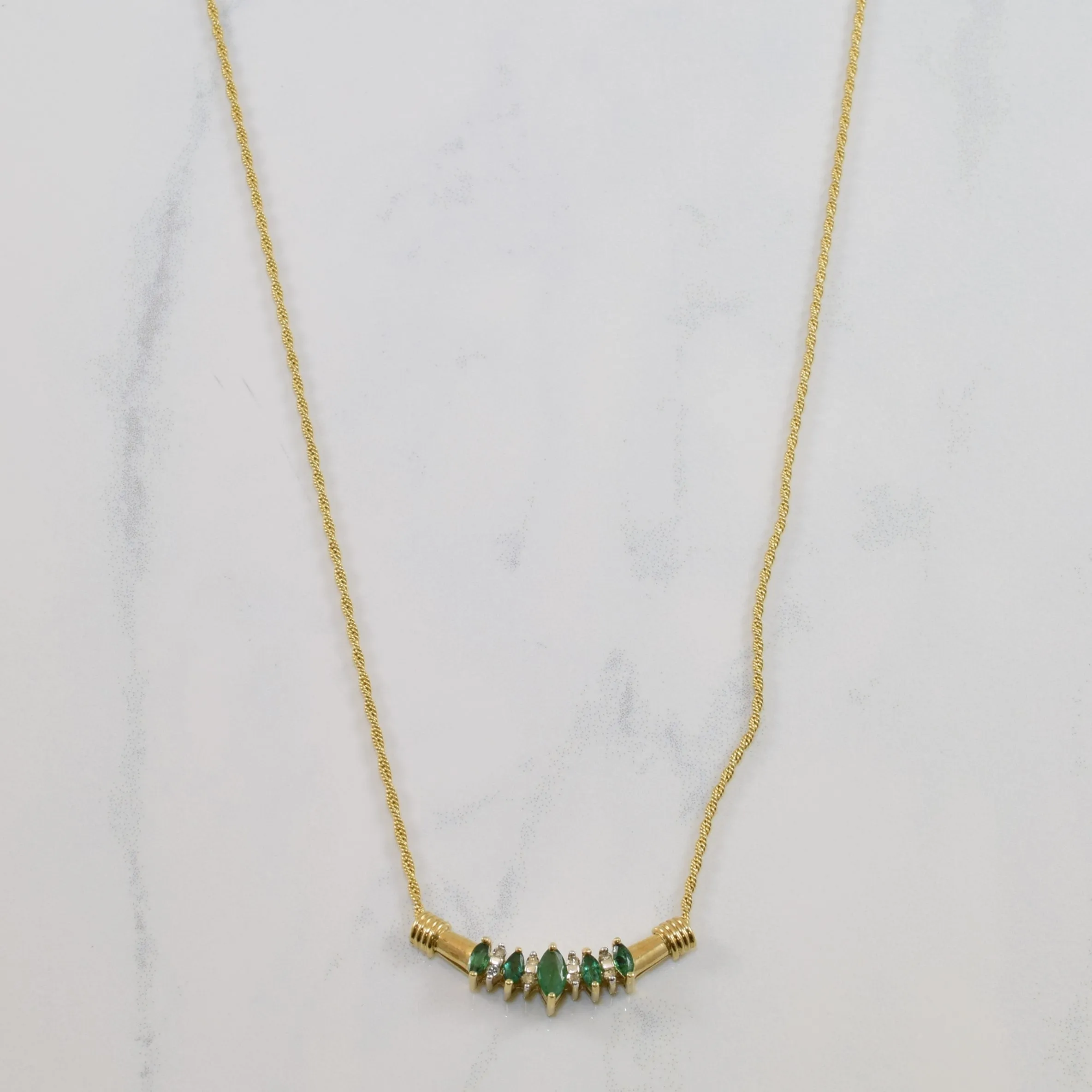 Timeless Trend Polished Surface Marquise Emerald & Diamond Plate Necklace | 0.30ctw, 0.10ctw | 16" |