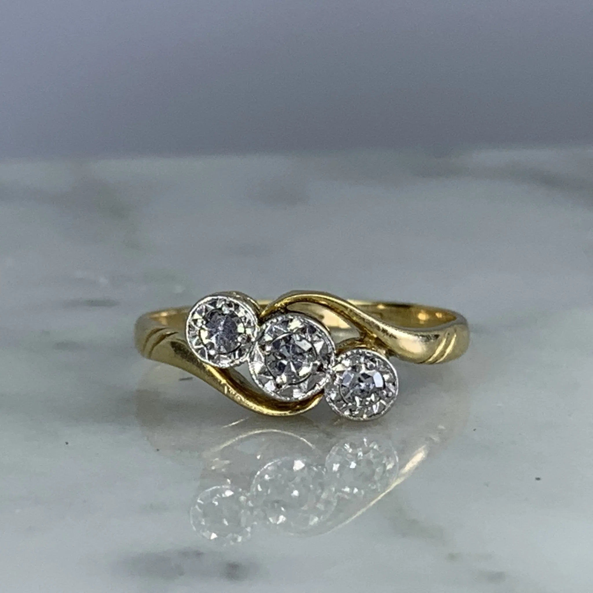 Antique Art Deco Diamond Engagement Ring in 18K Yellow Gold. Past Present and Future Trilogy Ring Delicate Token Simple Memento