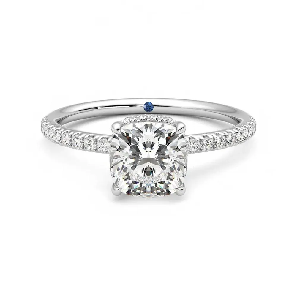 Cushion Cut Moissanite Engagement Ring with Hidden Halo and Anniversary Stone Accent Durable item