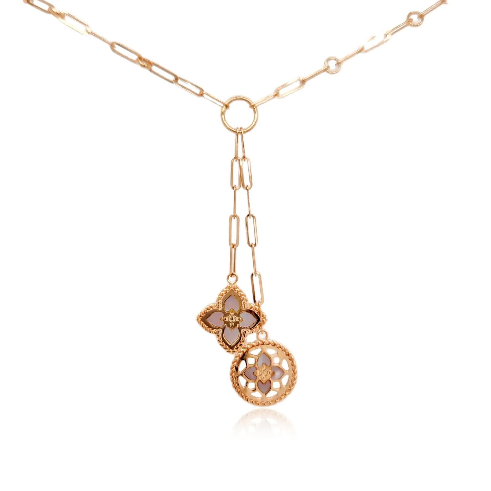 Decorated Accessory 14K Rose Gold Clover Lariat Necklace On Paperclip Chain