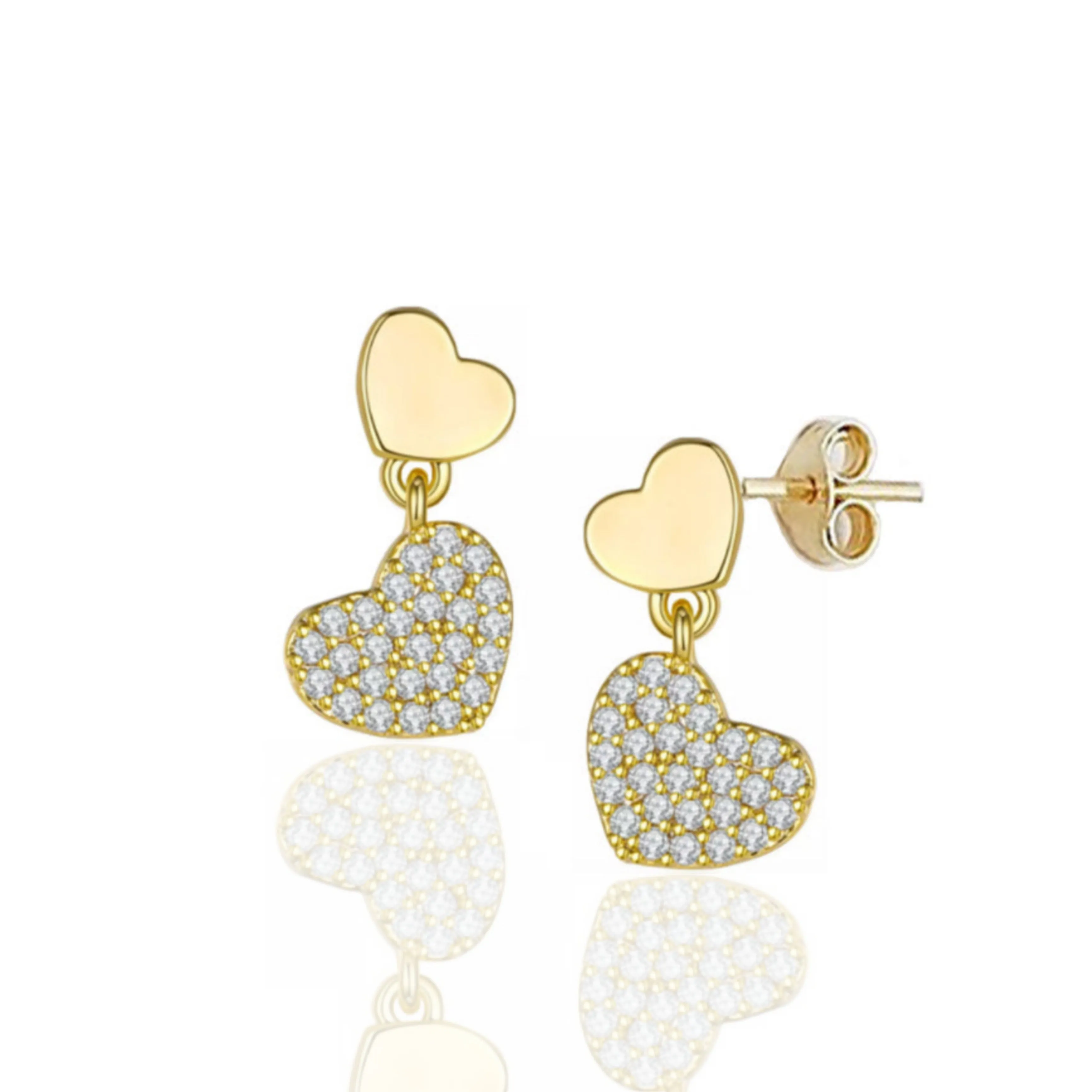 Gold Plated Surgical CZ Double Heart Shape Earrings Square Ornament