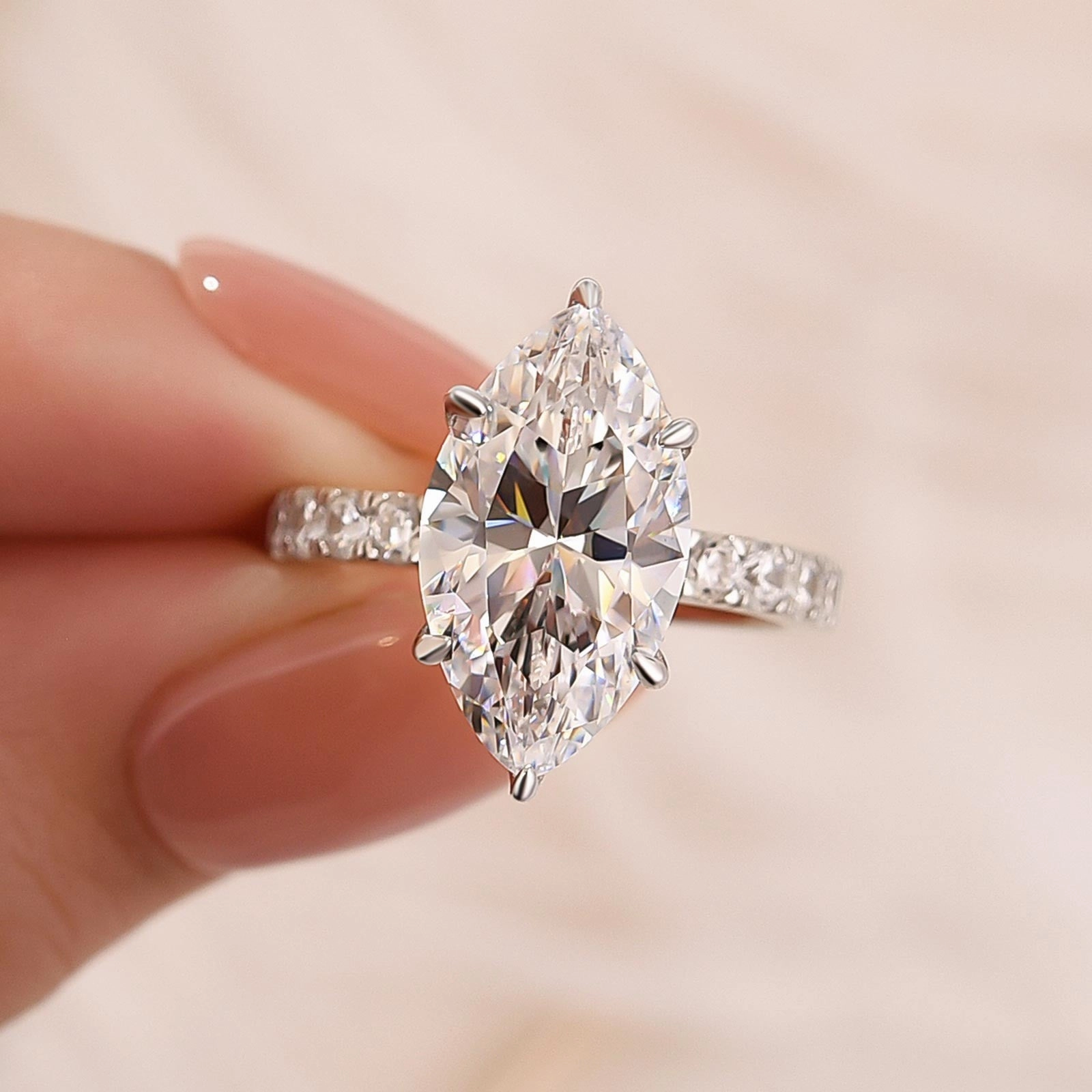 Muted Glow Bold Form 4.5Ct Marquise Cut Engagement Ring Travel Ring In Sterling Silver