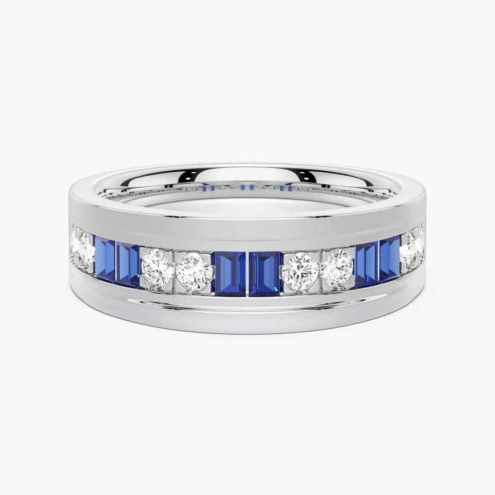 Precious Finish Luxury Impression 7.5mm Sapphire And Moissanite Men's Wedding Band