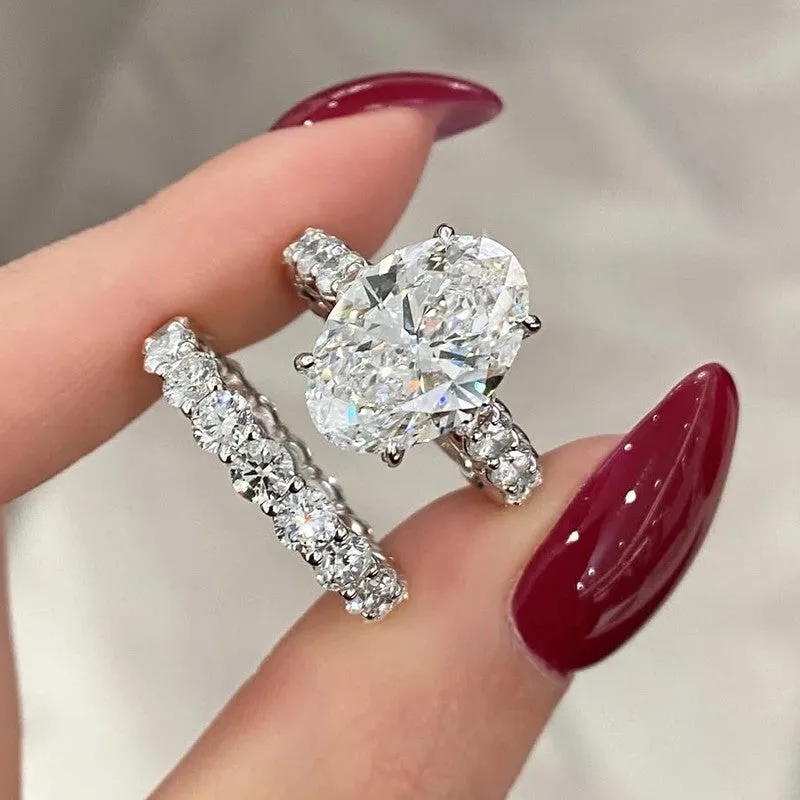 4.0Ct Oval Cut Simulated Diamond Promise Ring For Her With Eternity Wedding Band Glam Detail Gloss Accent