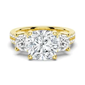 Modern Simplicity Double Row Pave Three Stone Cushion Cut Moissanite Engagement Ring