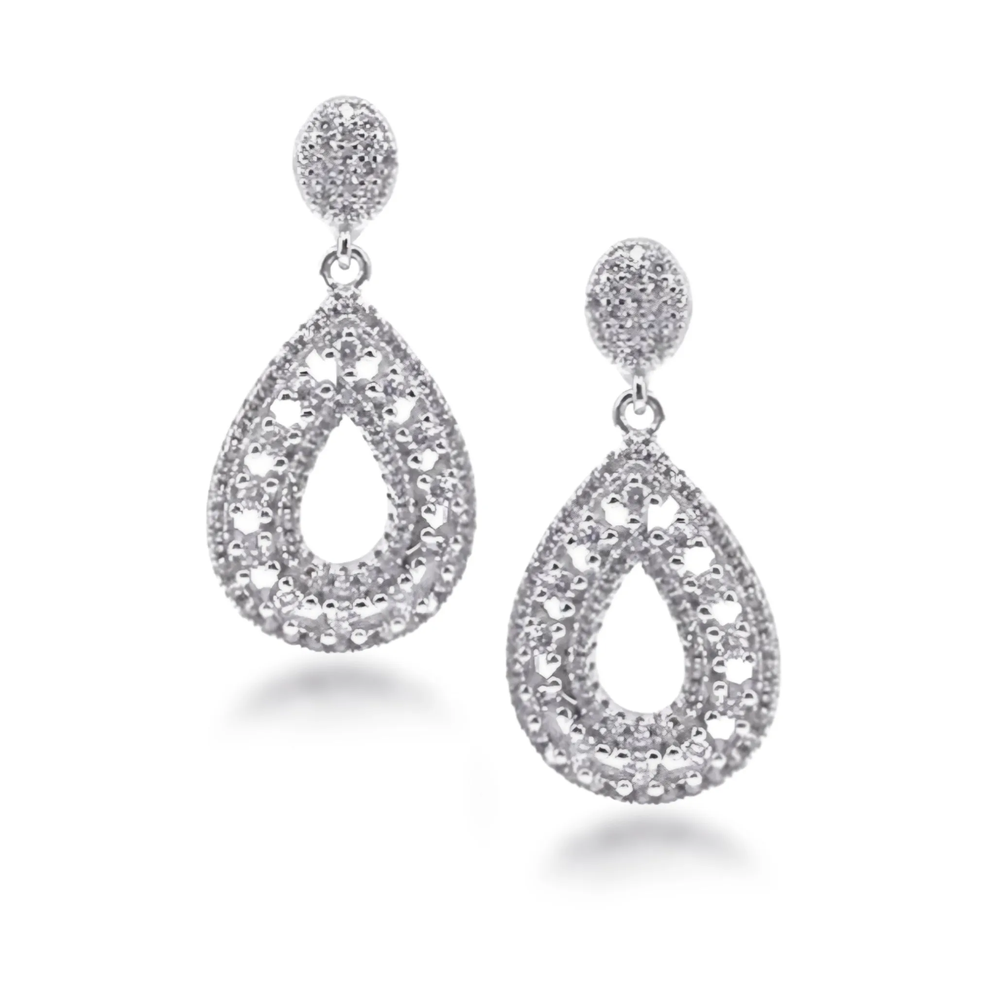 Rhodium Plated Sterling Silver Micropave CZ Teardrop Dangle Earrings Chic Detail