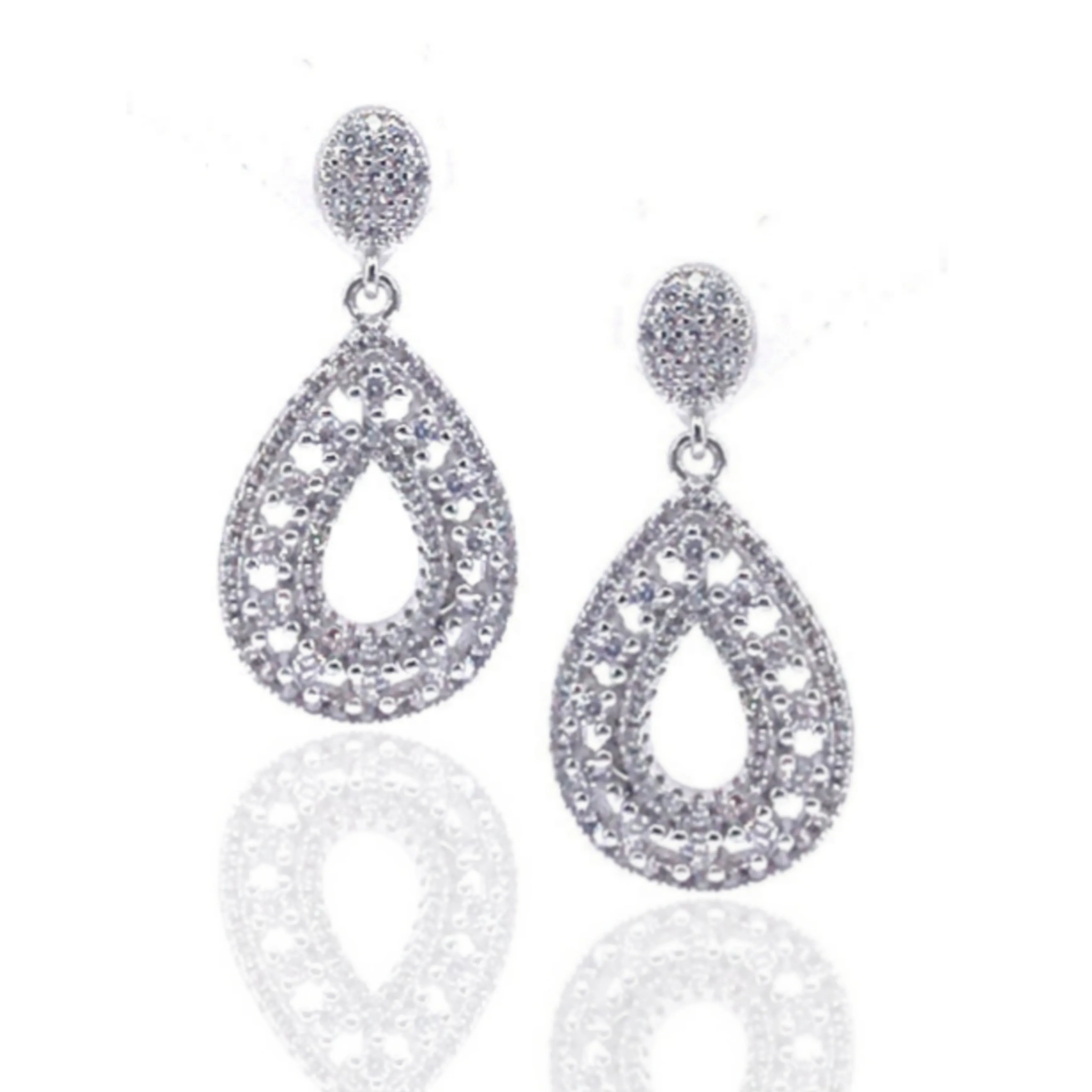Comfortable Product Unique Ornament Rhodium Plated Sterling Silver Micropave CZ Teardrop Dangle Earrings