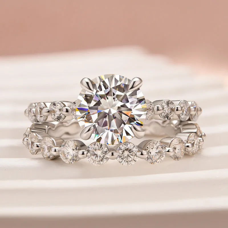 Moissanite 2.0 Carat Round Cut Wedding Ring Set With Eternity Wedding Band Delicate Craft Graceful Twist
