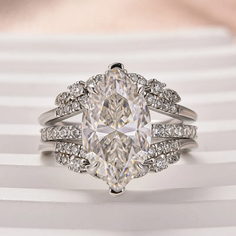 Moissanite 4.0 Ct Marquise Cut Insert Wedding Ring Set With Jacket Stack Wedding Band Glamour Effect