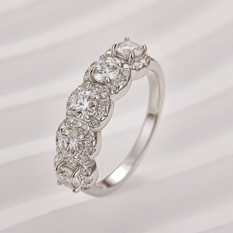 Creative Look Flawless Sparkle Moissanite Halo Five Stone White Gold Anniversary Ring In Sterling Silver