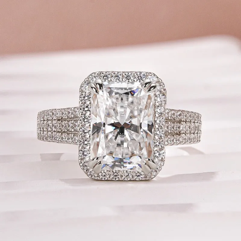 Moissanite Halo Three Shank 3.5Ct Radiant Cut White Gold Engagement Ring Artisan Glam Lively Feature