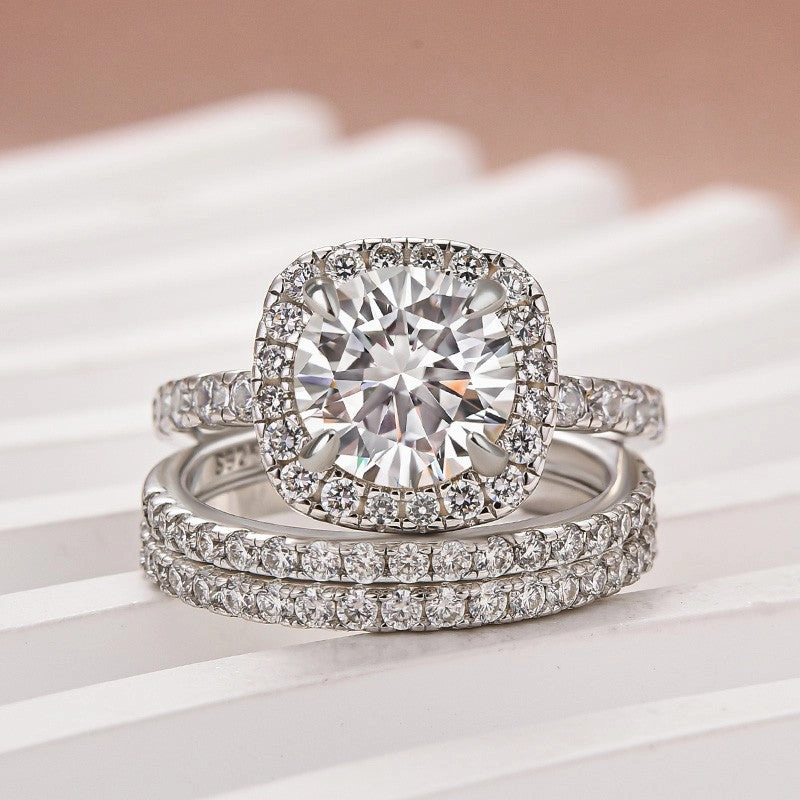 Moissanite 2.0 Ct Halo Round Cut White Gold Promise Ring with Full Eternity Thin Wedding Band Refined Elegance